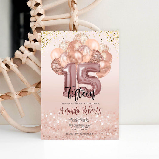15th Birthday Invitation Template for Girl | Editable Rose Gold Balloons Invite | Digital 15th Party Card | Text Message or Email | Instant Download