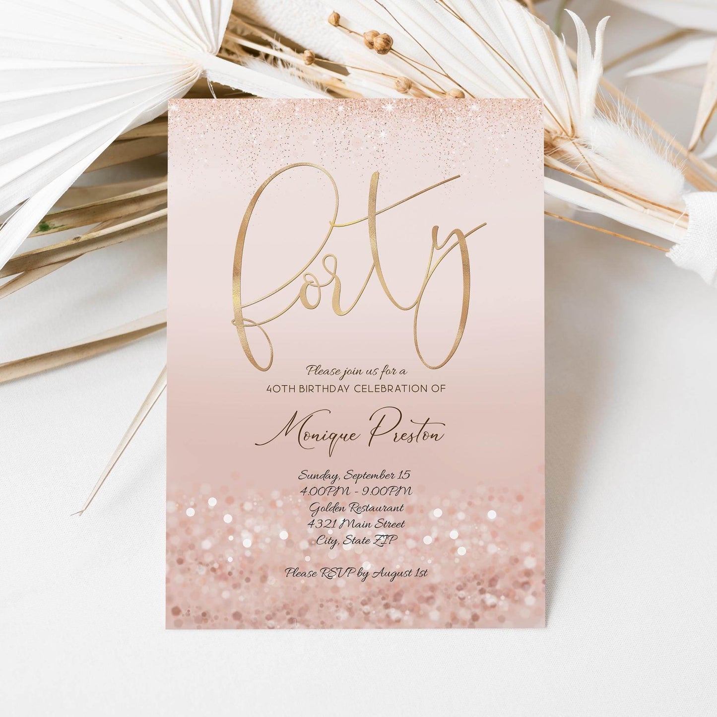 Rose Gold 40th Birthday Invitation Template, Editable Ladies Surprise Party Invite, Printable Pink Evite, Digital Text Message Download