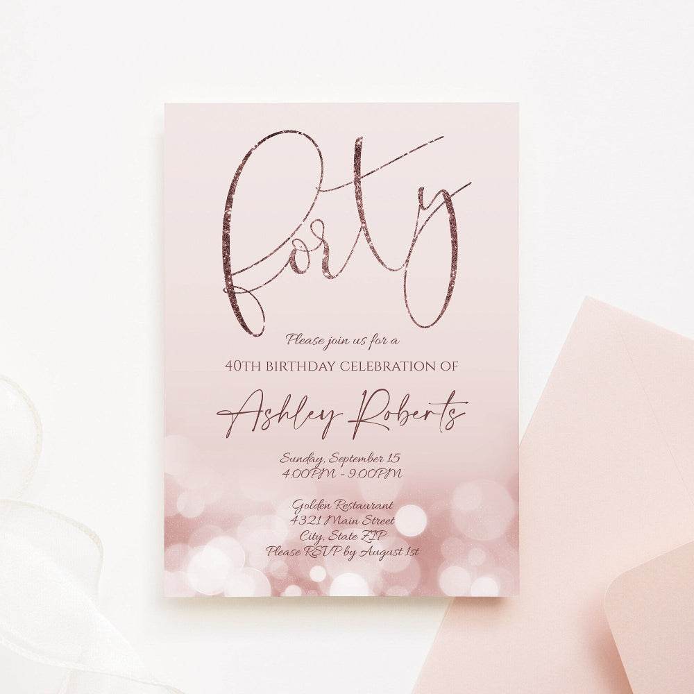 Printable 40th Birthday Invitation – Rose Gold Glitter & Purple Text | Editable Forty Party Invite Template | Digital Download | DIY Instant Invite