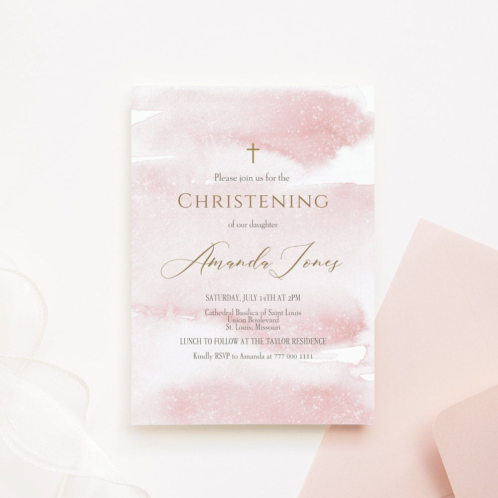 Printable Girl Christening Invitation Template, Christening Invite, Pink Watercolor, Girl Rose Gold, DIY Editable Baptism Invitation 5x7