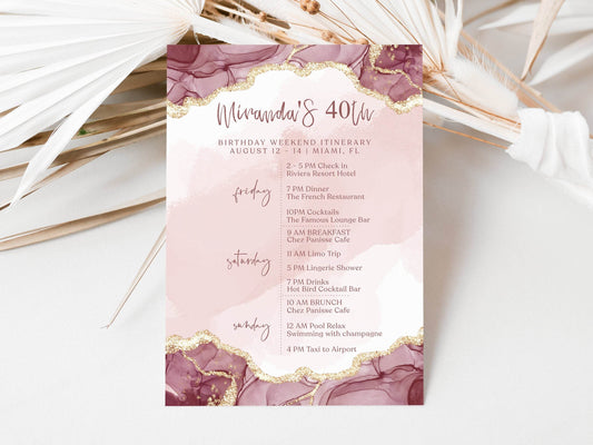 Pink Birthday Weekend Itinerary Template, Editable Shades of Pink Any Age Birthday Weekend, Printable Woman Itinerary, Ladies Birthday