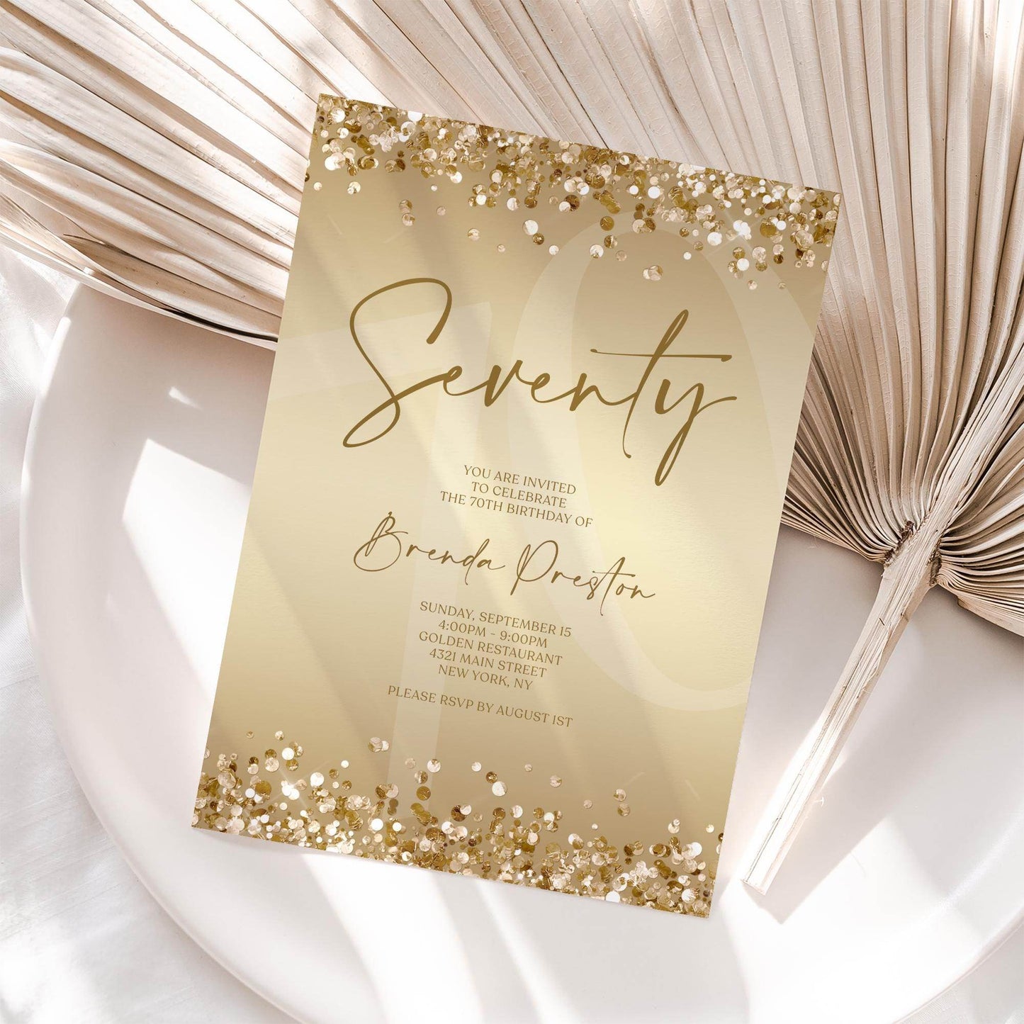 Editable 70th Birthday Invitation Template, Gold Confetti Seventy Invite, Printable Surprise Party Card, Digital Text Message Evite