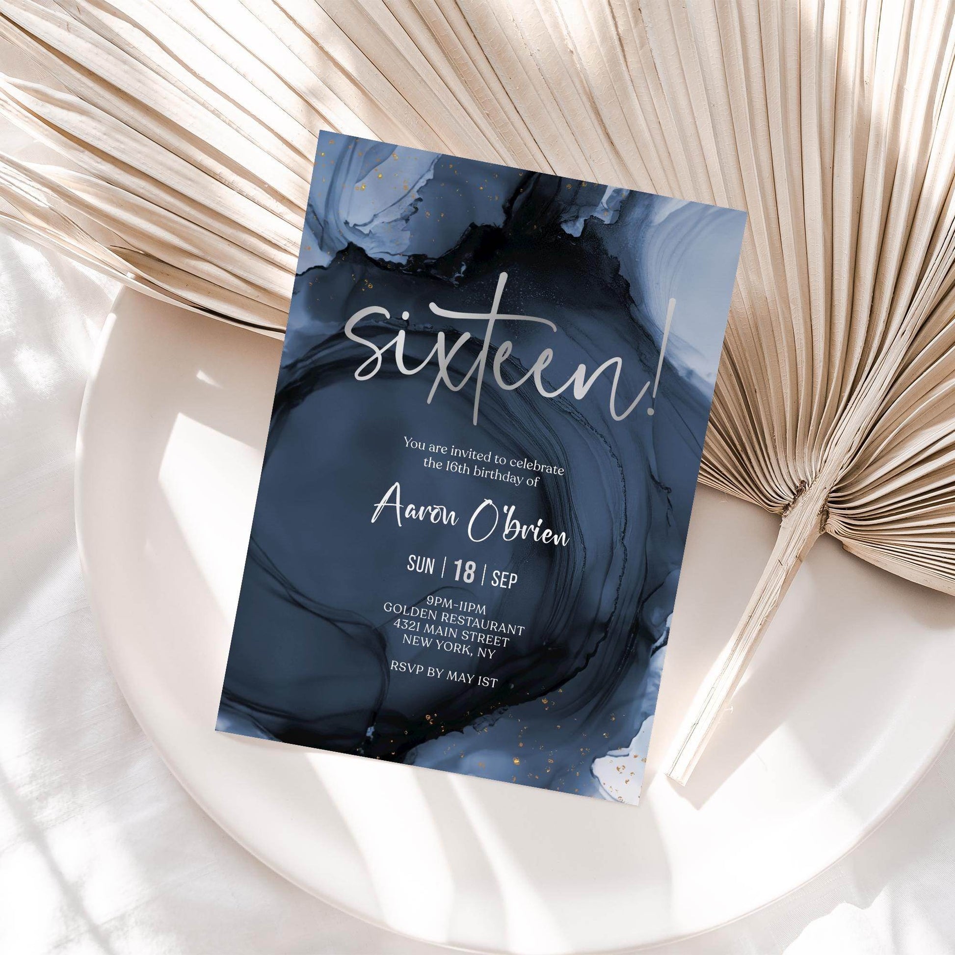 Blue Navy Silver 16th Sixteen Birthday Invitation Template, Printable Boy Birthday Party Invite, Editable Surprise Invite, Digital Download