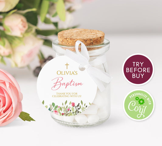 Floral Baptism Round Favor Tag Template, Printable Gold First Communion Tags, Girl Baptism Christening Favor Thank You Tag, Instant Download