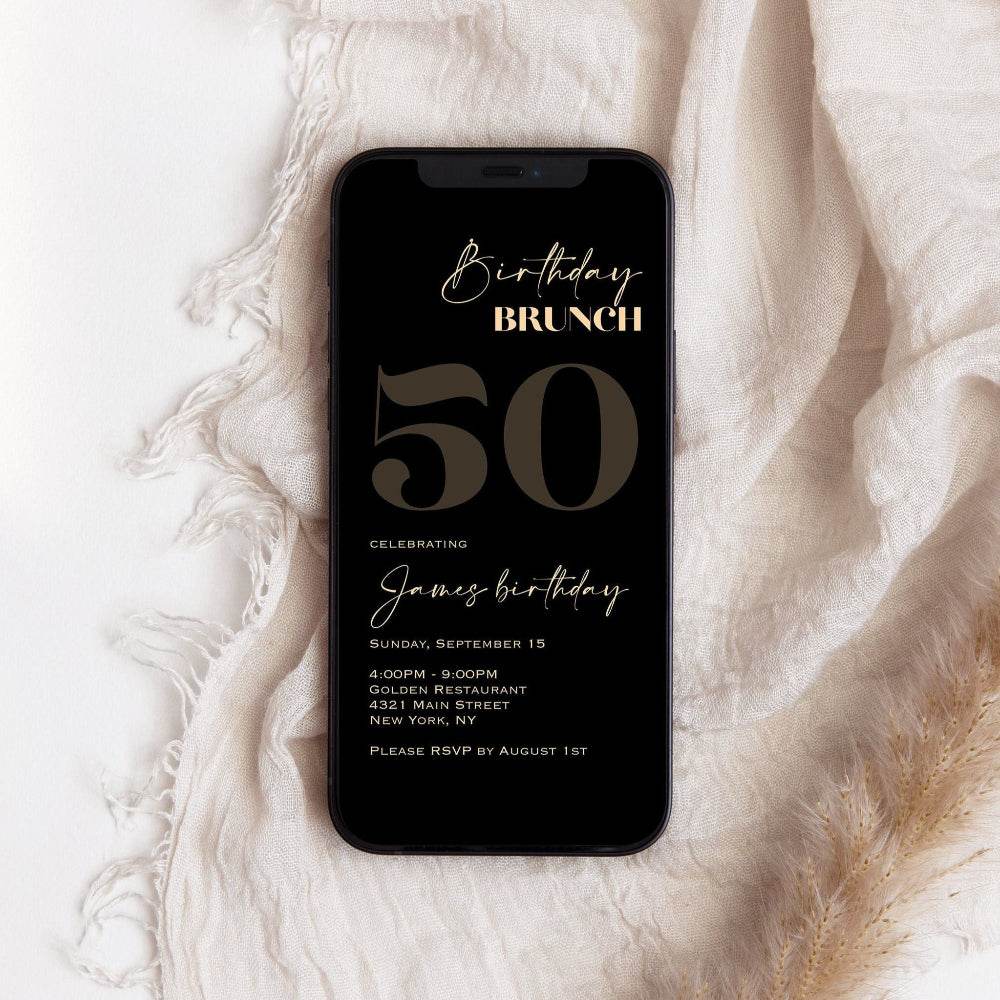 Paperless Electronic Birthday Brunch 50th Evite – Black Gold Party Invite | Digital Birthday Invitation Template | Instant Download
