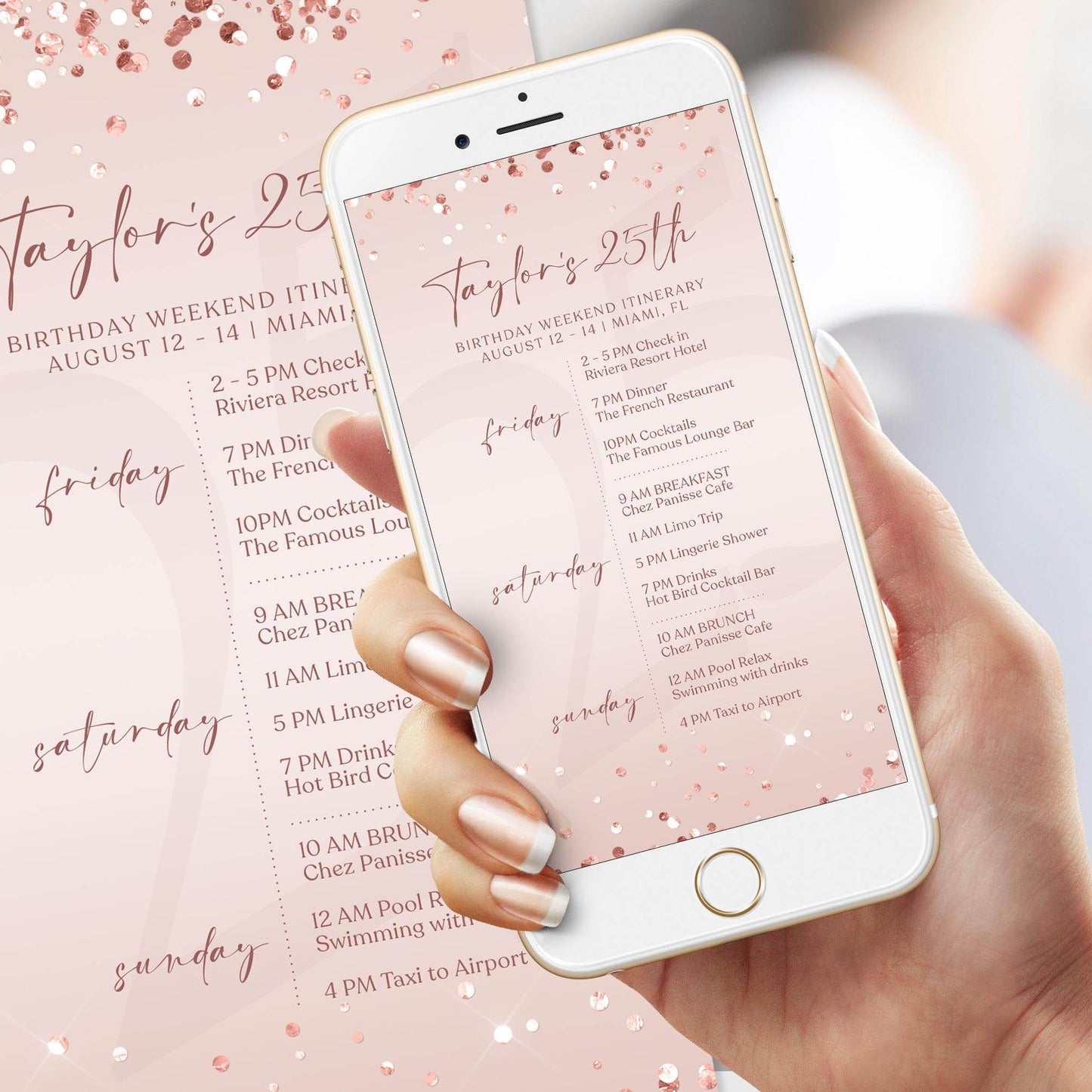 Electronic Birthday Weekend Itinerary Template, Editable Birthday Itinerary, Digital Birthday Weekend Schedule, Rose Gold Itinerary Invite