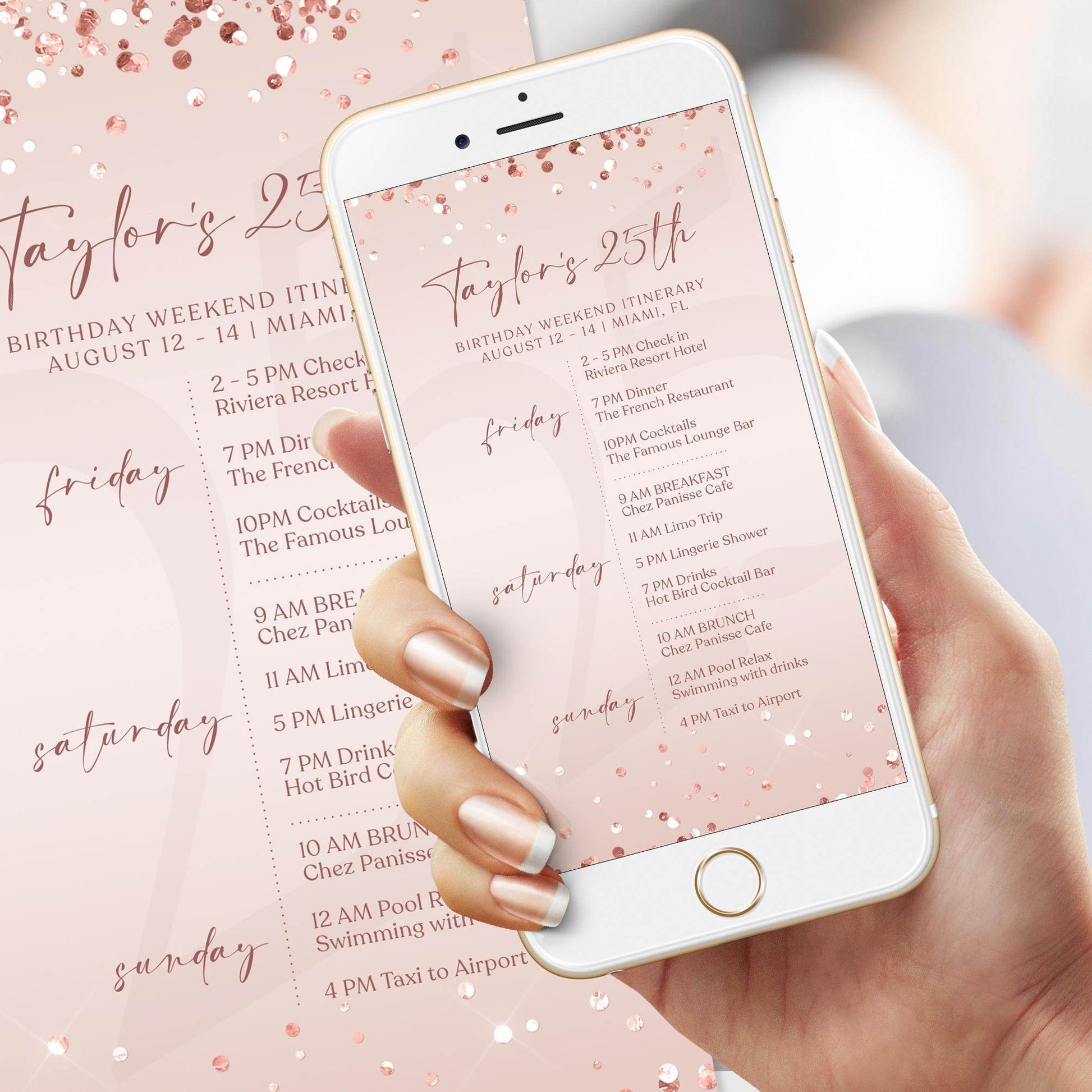 Electronic Birthday Weekend Itinerary Template, Editable Birthday Itinerary, Digital Birthday Weekend Schedule, Rose Gold Itinerary Invite
