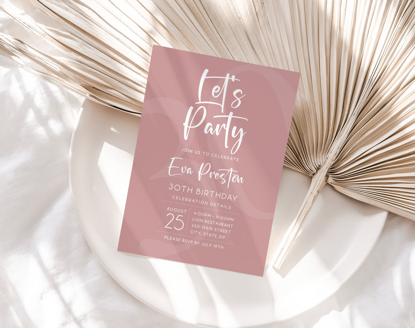 Simple Dusty Rose Let's Party Birthday Invitation Template, Printable Any Age Birthday Invite, Editable Email Text Message Evite, Download
