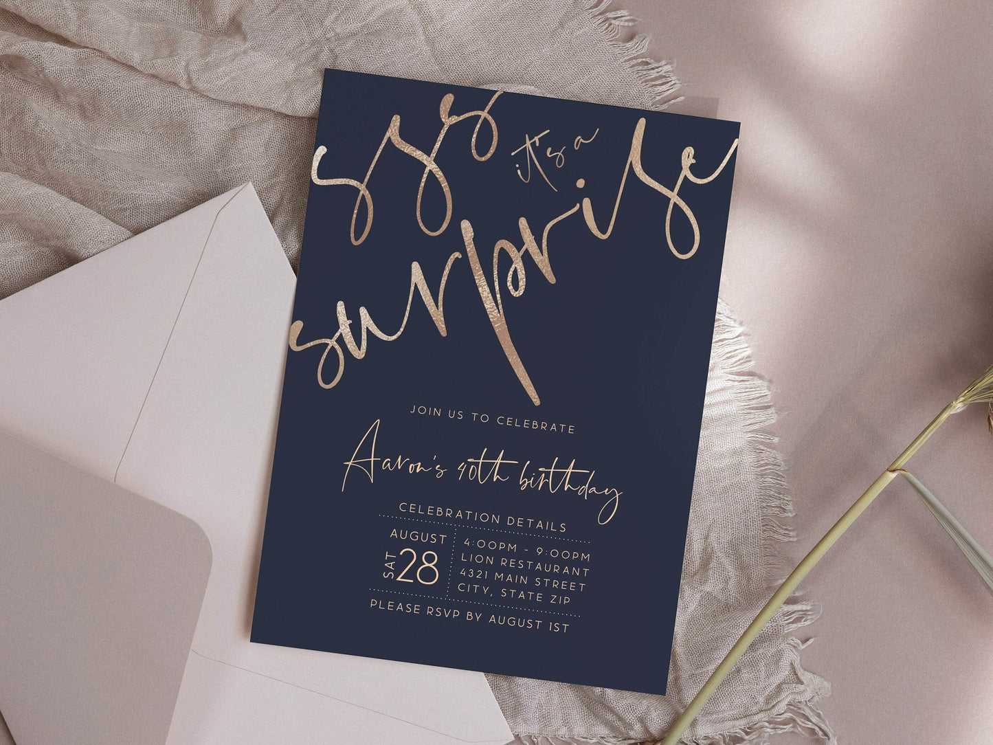 Printable Shhh it's a surprise Birthday Invitation Template, 40th Forty Navy Gold Birthday Party Invite, DIY Editable Invitation Template