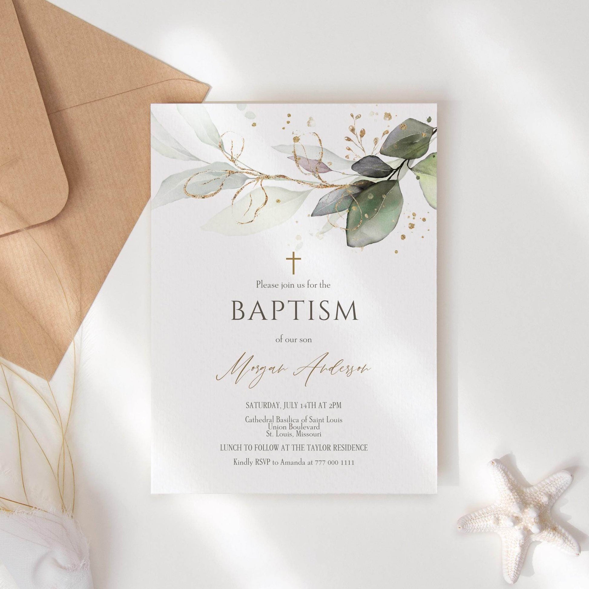 Baptism Invitation Template – Editable Greenery Christening Invite | Eucalyptus & Gold Leaves | Boy or Girl Printable Digital Download