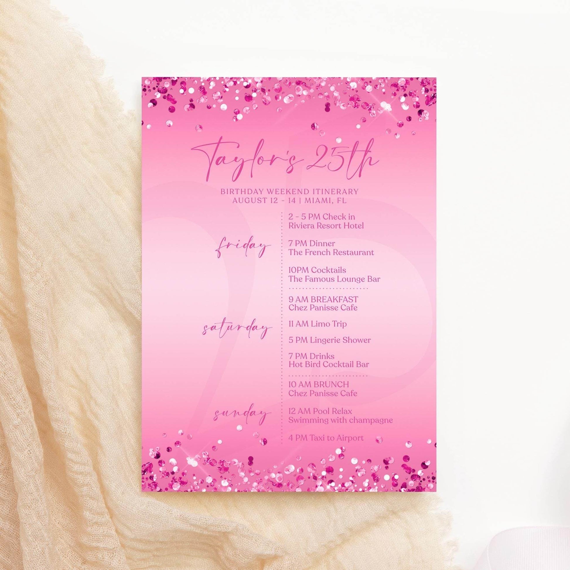 Editable Pink Any Age Ladies Birthday Itinerary Template, Printable Fuchsia Woman Itinerary, Digital Weekend Itinerary, Email Text Message