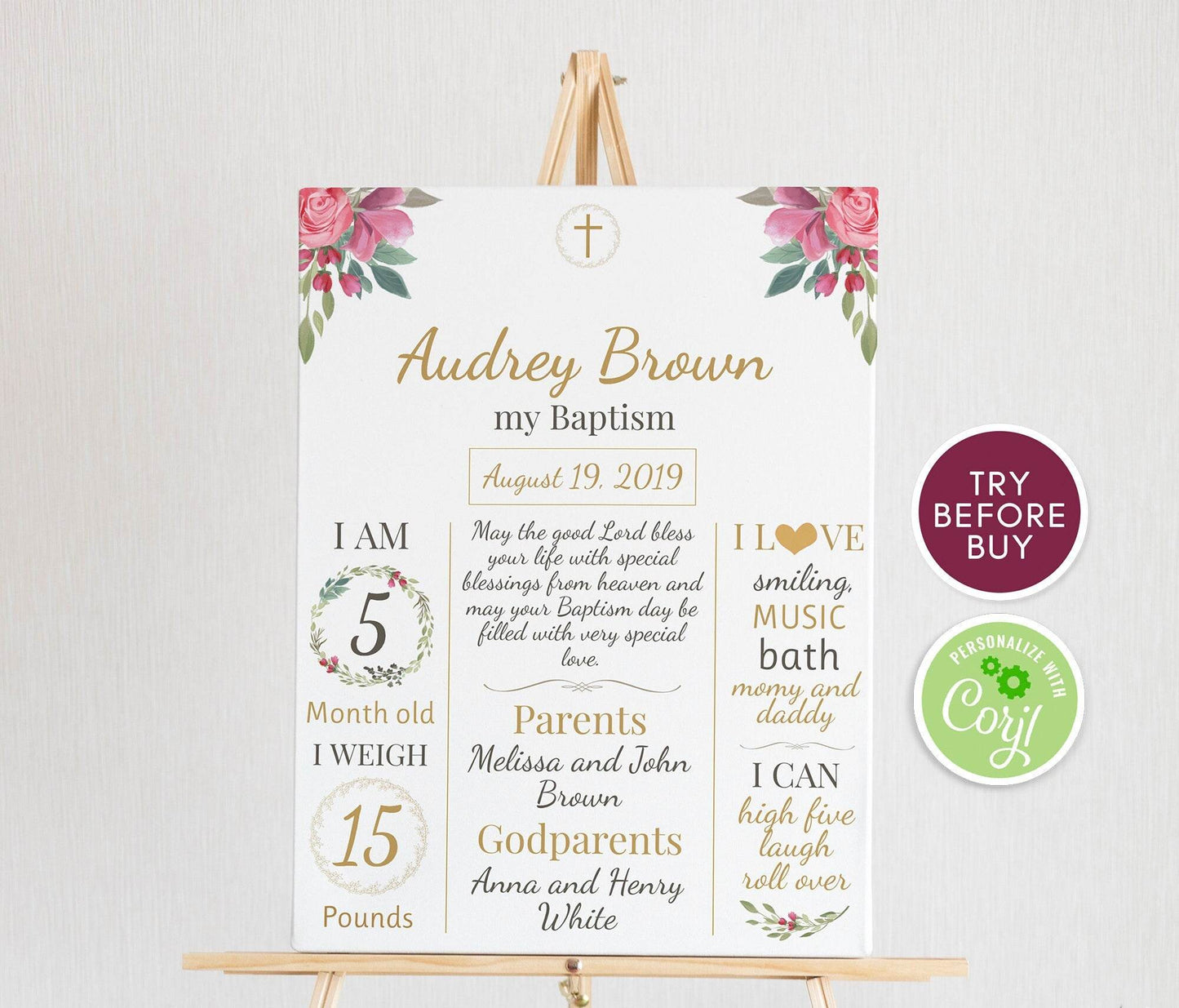 Girl Baptism Milestone Sign, Chalkboard Christening Poster, Floral Baby Baptism Welcome Sign, Editable Printable Template