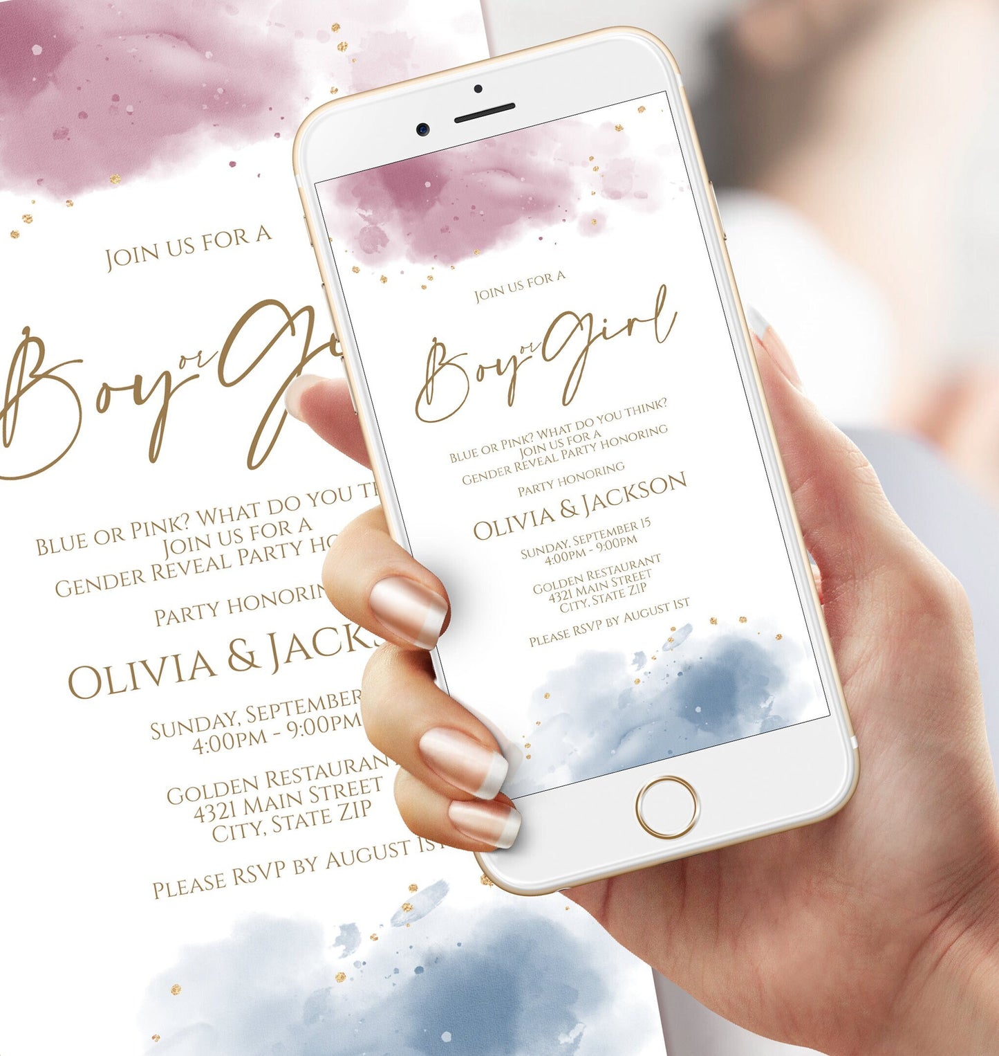 Digital Boy or Girl Invitation Template, Pink Blue Gender Reveal Neutral Baby Shower Invite, Gold Foil Watercolor, Editable Invite Download