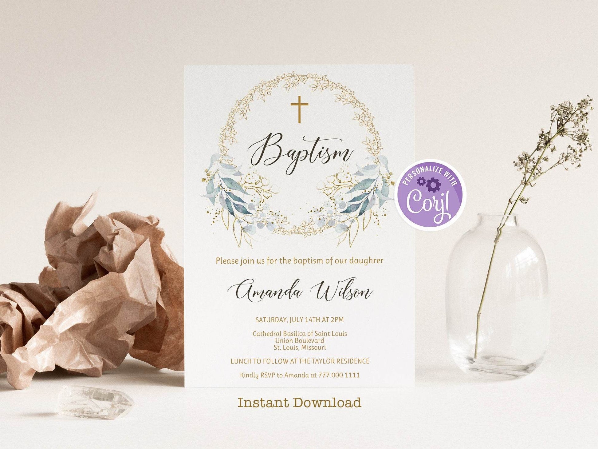 Editable Gold Greenery Bohemian Baptism Invite, baptism Eucalyptus invitation Template boy girl, instant download, Printable Christening