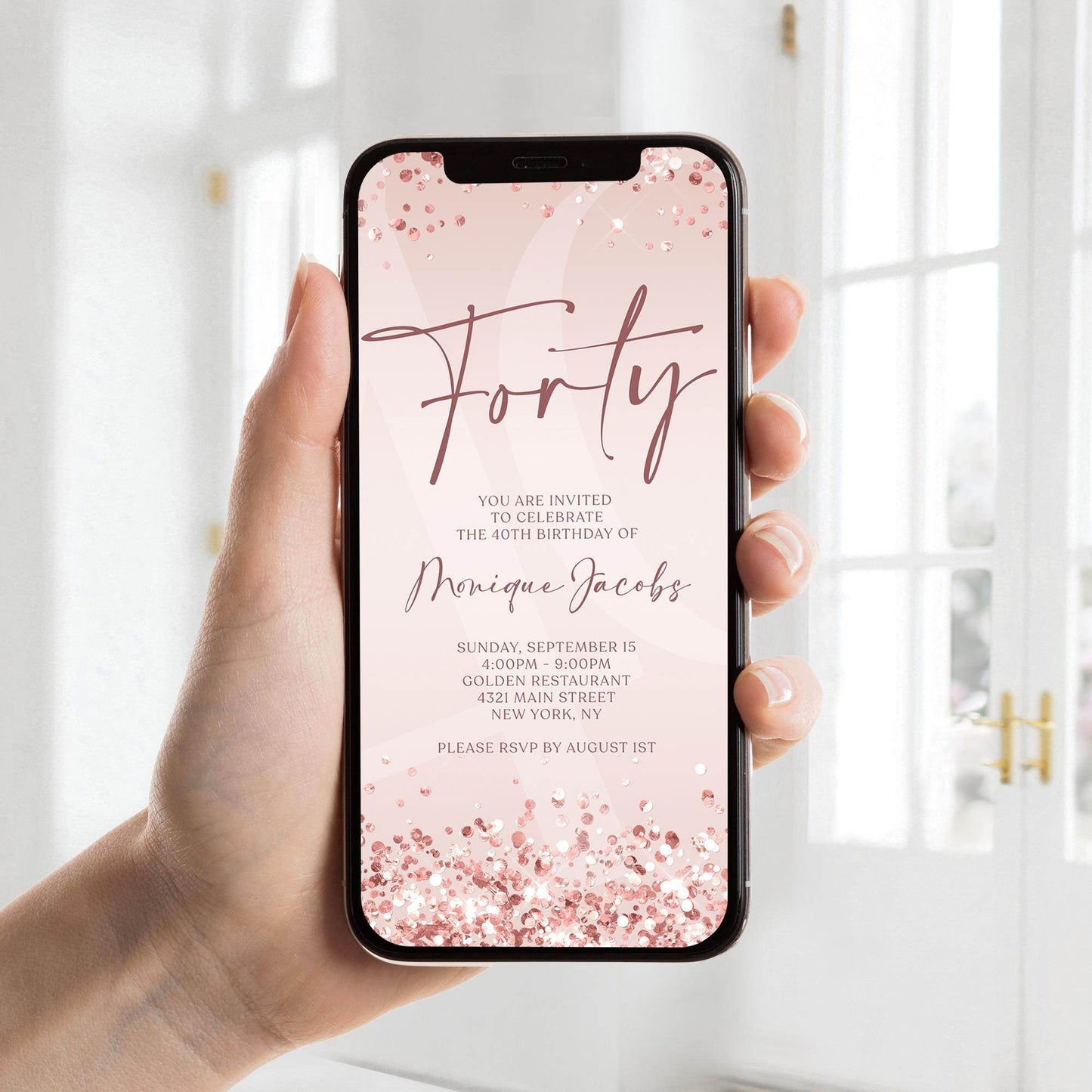 Pink Rose Gold Forty 40th Invite Digital, Birthday Invitation Template, Editable Rose Gold Evite, Text Message Electronic Birthday Card