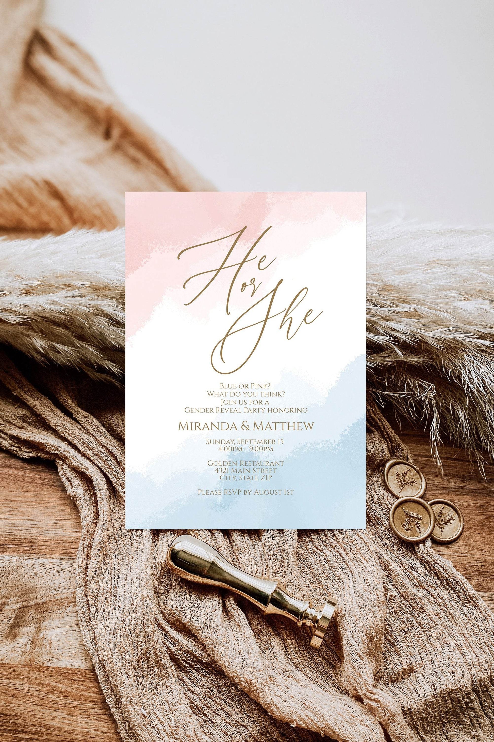 Printable Gender Reveal Invitation Template, He or She Neutral Baby Shower Invite, Boy or Girl Editable Invitation, Pink Blue Watercolor