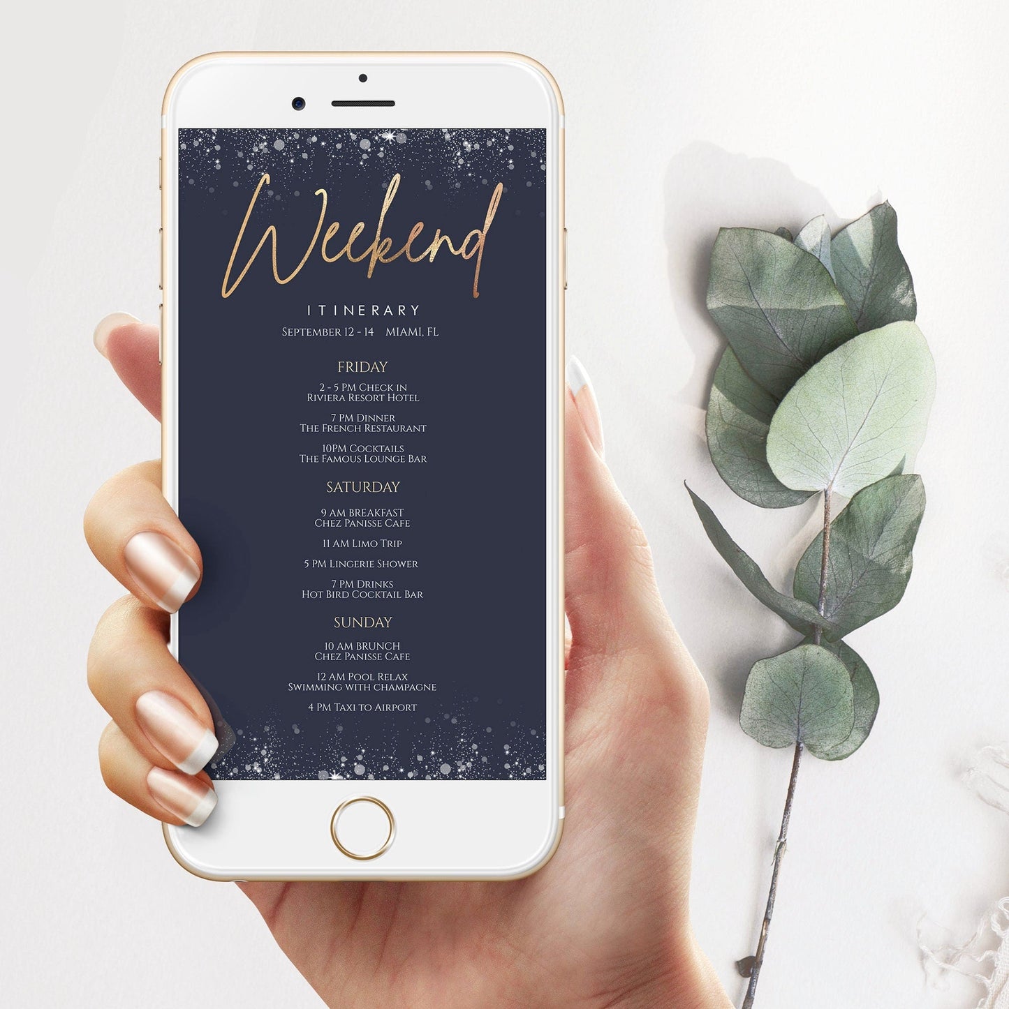 Navy Gold Foil Electronic Itinerary, Birthday, Bachelorette, Wedding, Electronic Schedule, Email Itinerary, Editable Text Message, Phone