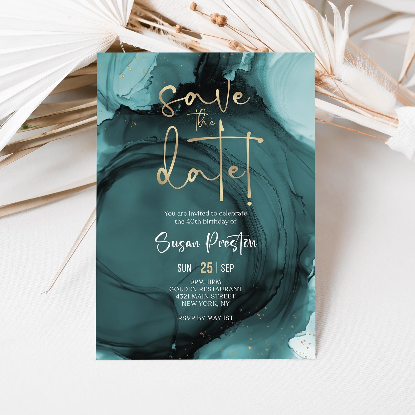 Teal Gold Save the Date Invitation template, Printable Birthday Party Announcement Cards, Editable Modern Invite, Digital Download Template