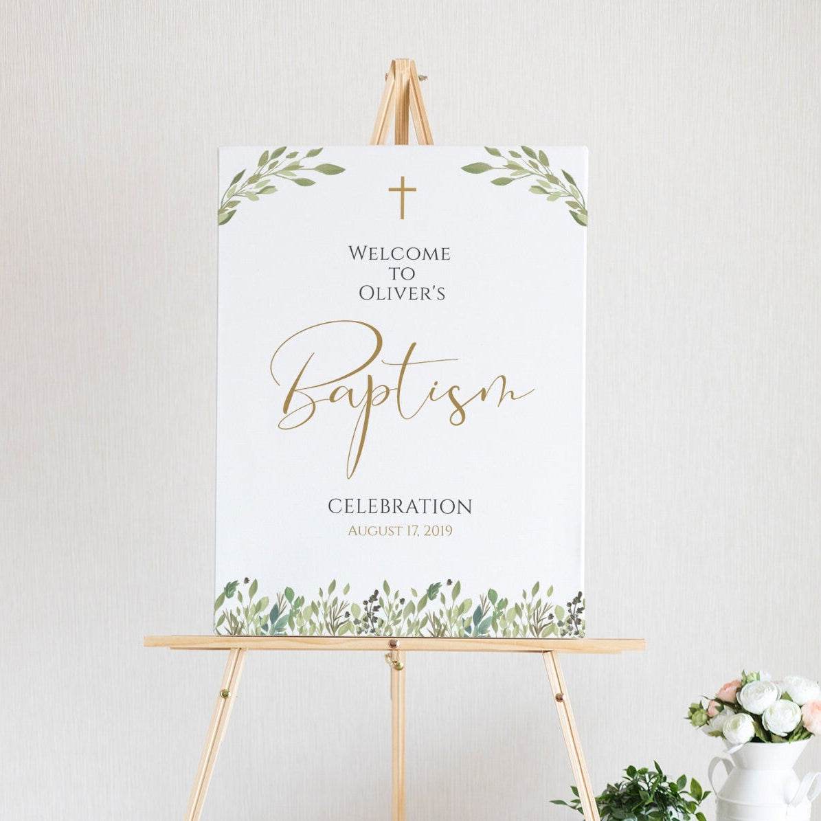 Greenery Baptism Welcome Sign, Welcome to Baptism Sign Template, Printable Christening, Boy Girl Baptism Decor, Instant Download Editable