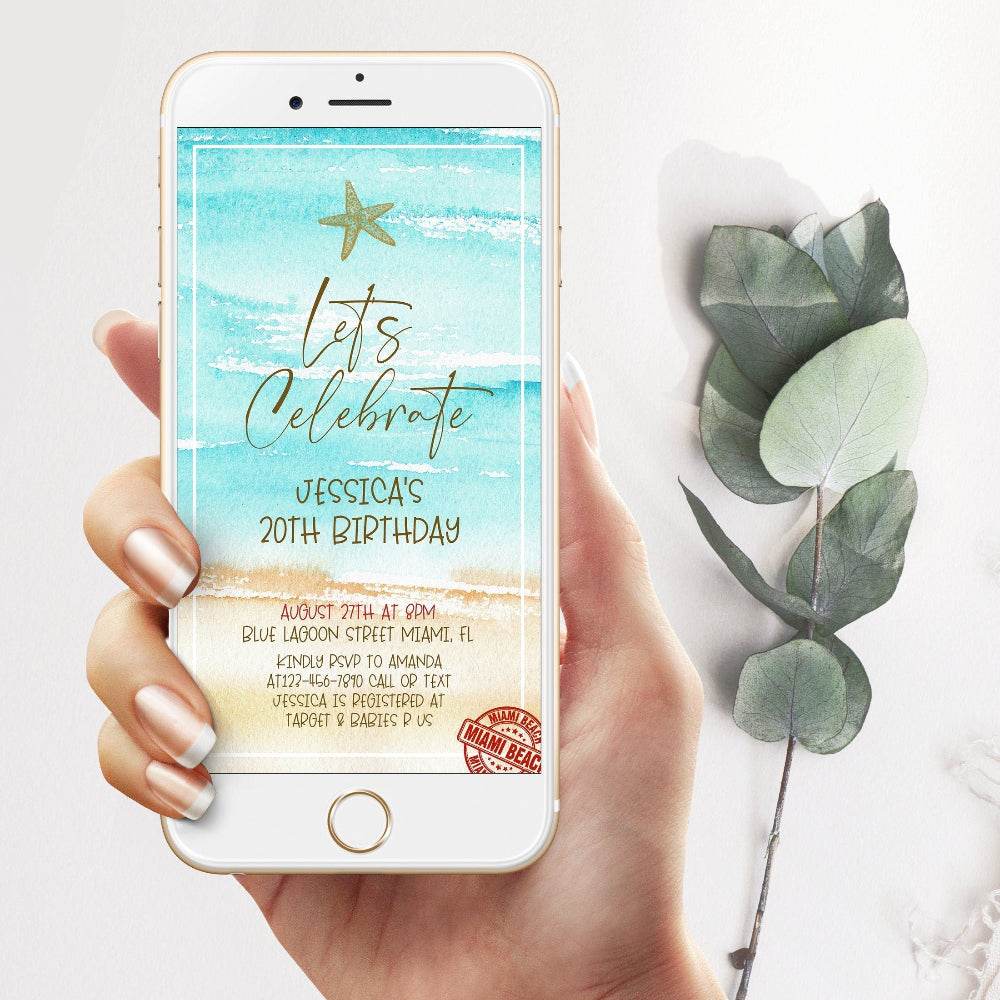 20th Birthday Watercolor Beach Party Invitation – Editable Electronic Text Message Invite | Beach Theme Birthday Evite for Phone | Instant Download