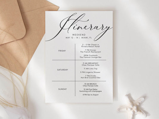 Simple Weekend Itinerary Template, Printable Elegant Itinerary for Hens Party, Bachelorette, Birthday Weekend, Editable Digital Download
