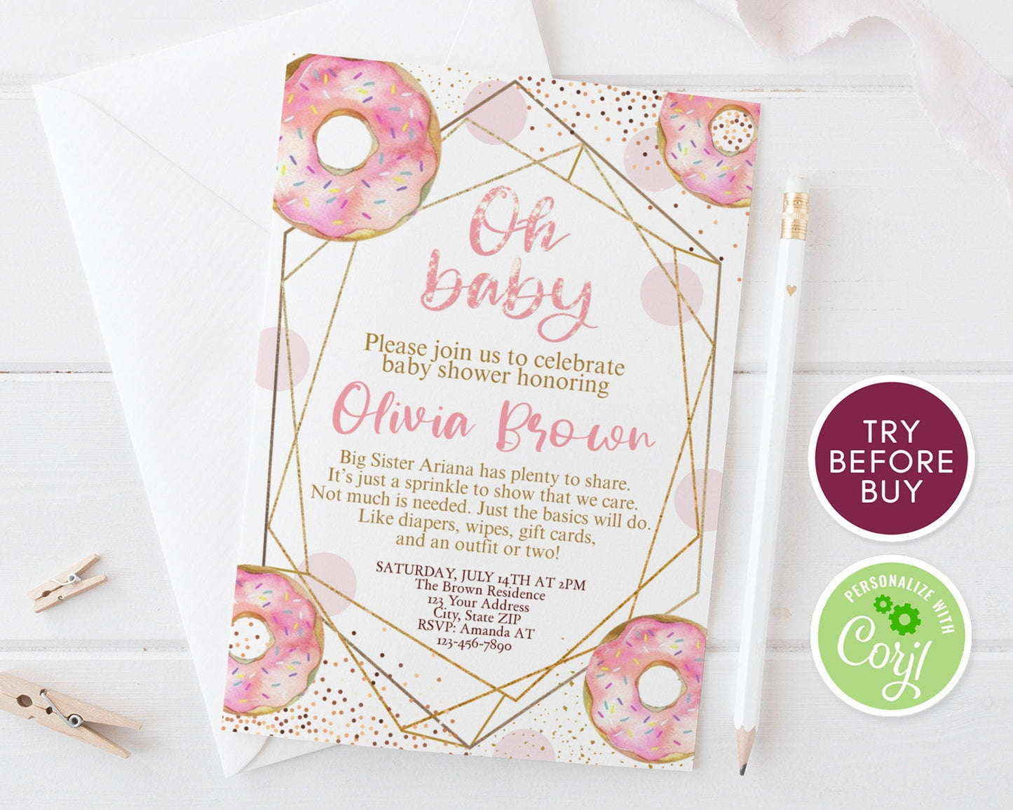 Donut Baby Shower Invitation, Editable Girl Baby Sprinkle Invitation, Printable Oh Baby Invite, Pink Donut Baby Shower, Instant Download