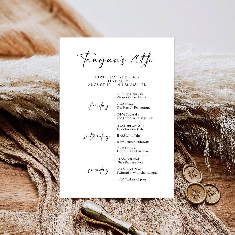 Editable Simple 70th Birthday Itinerary Template – Minimalist Weekend Schedule | Printable Modern Birthday Weekend Invitation | Any Age Digital Download