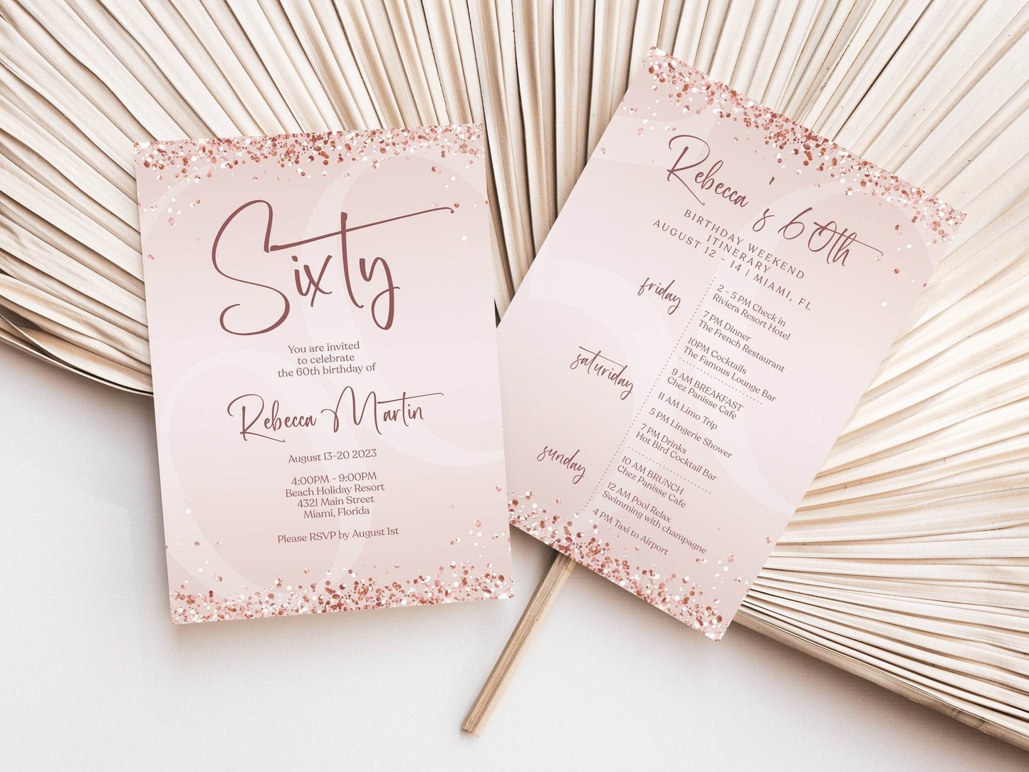 Printable Rose Gold 60th Sixty Birthday Weekend Itinerary Template, Editable Birthday Weekend Invite, Birthday Weekend Digital Invitation