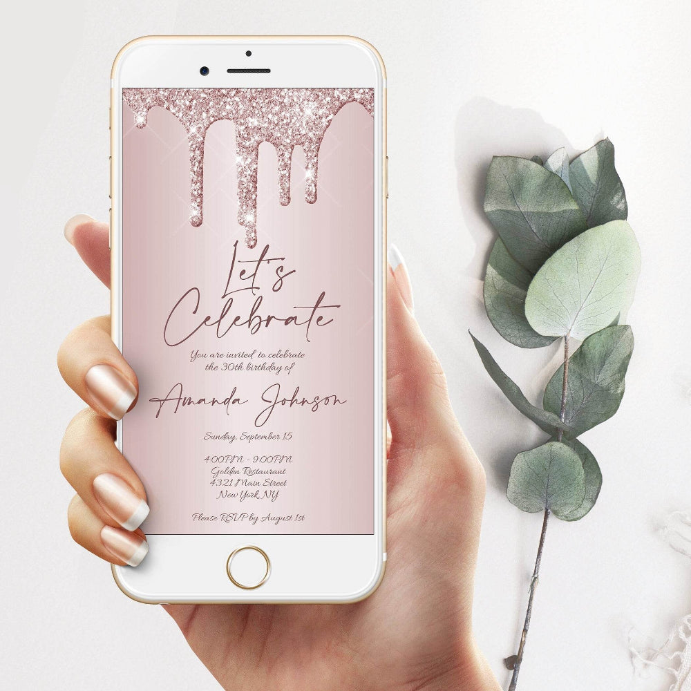Let’s Celebrate Digital Birthday Invitation, Rose Gold Glitter Evite, Editable Text Message Invite, Electronic Birthday Card for Her