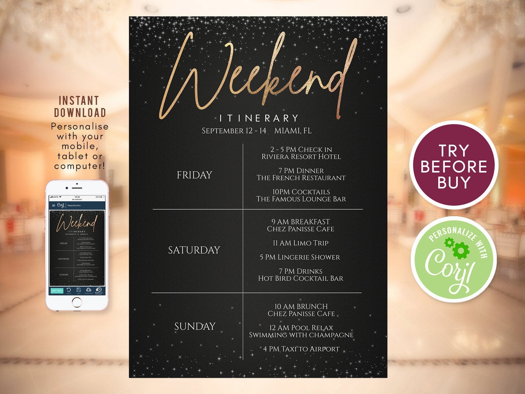 Printable Dark Gold Weekend Itinerary Invitation Template, Editable Weekend Itinerary, Hen Party Bachelorette Card, Digital Birthday Weekend