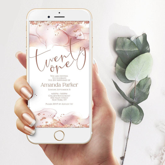 21st Birthday Invitation Template | Rose Gold Foil Digital Invite | Editable 21st Party Evite | SMS Email Text Message | Phone Birthday Card Download
