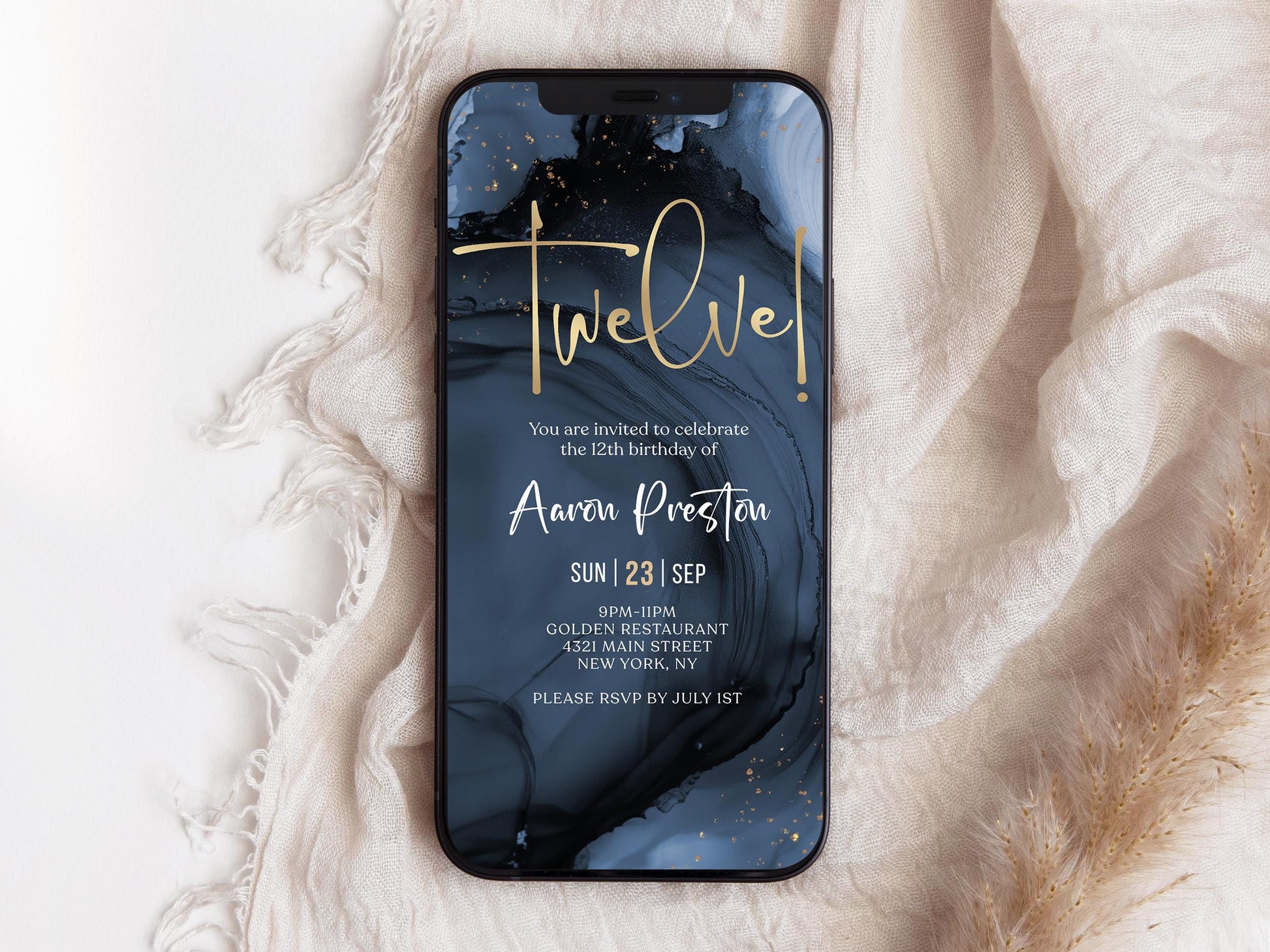 12th Boy Birthday Invitation Template | Navy Gold Design, Instant Download