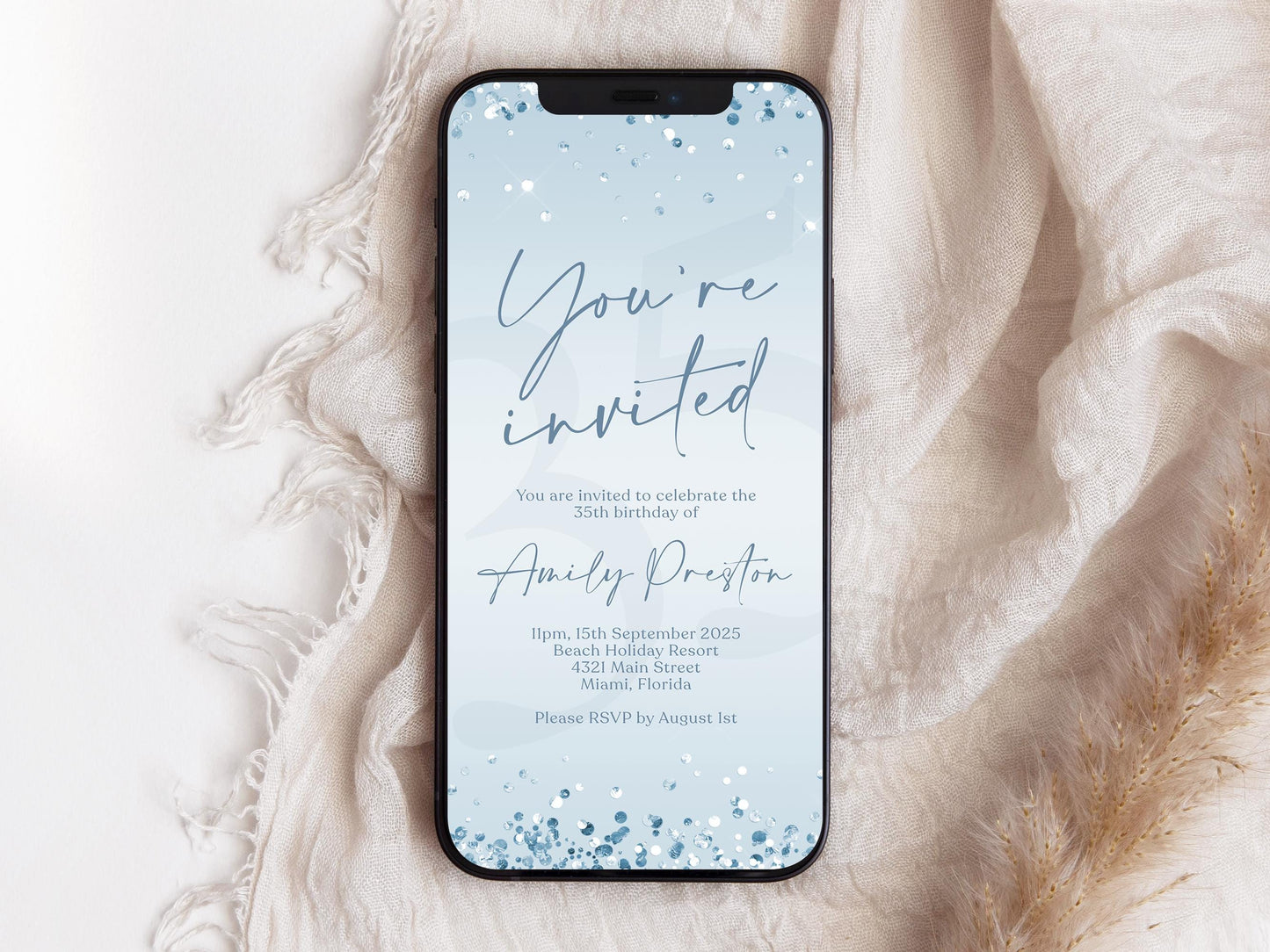 Electronic You Are Invited Blue Silver Invitation Template, Digital Confetti Birthday Invite, Editable Text Message Evite, Any Age Birthday