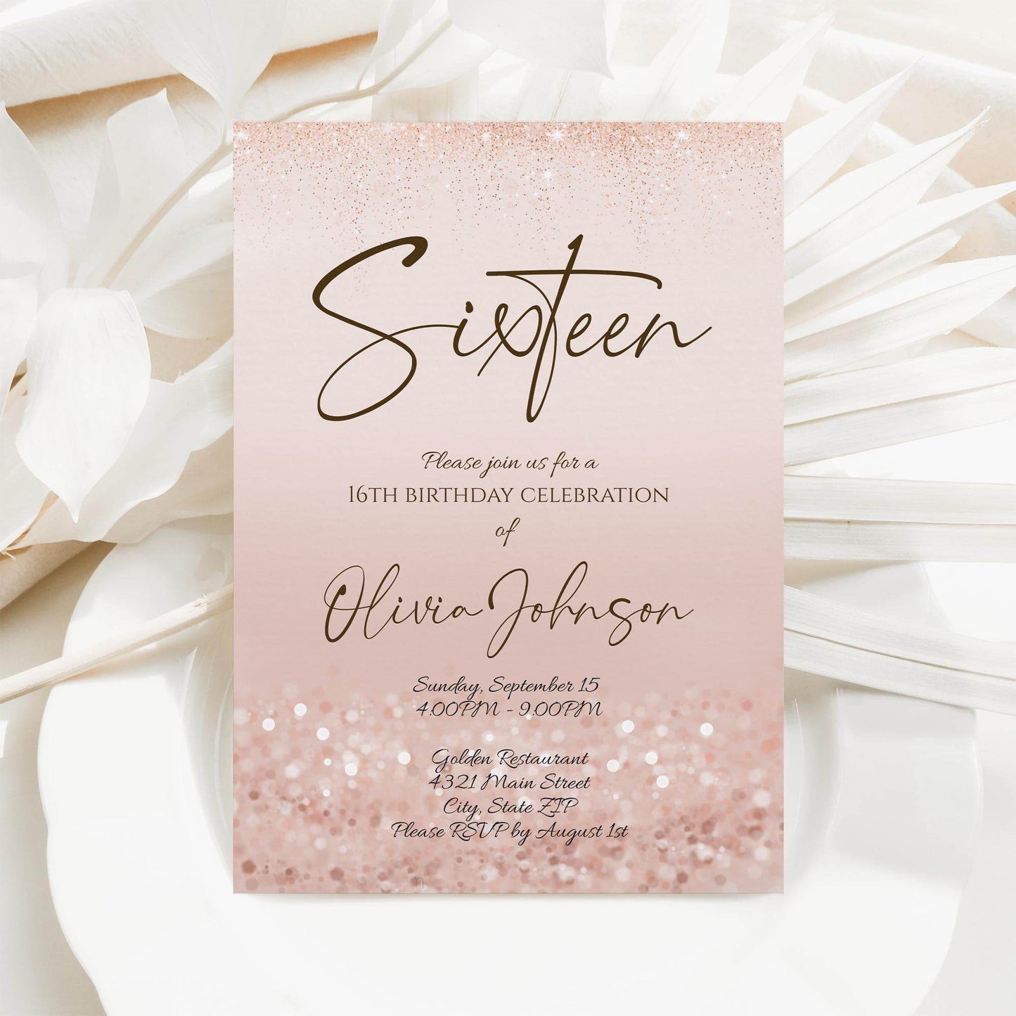 Girl 16th Sixteen Invitation Template Printable, Pink Birthday Party Invite, Editable Rose Gold Glitter Birthday Invitation Instant Download
