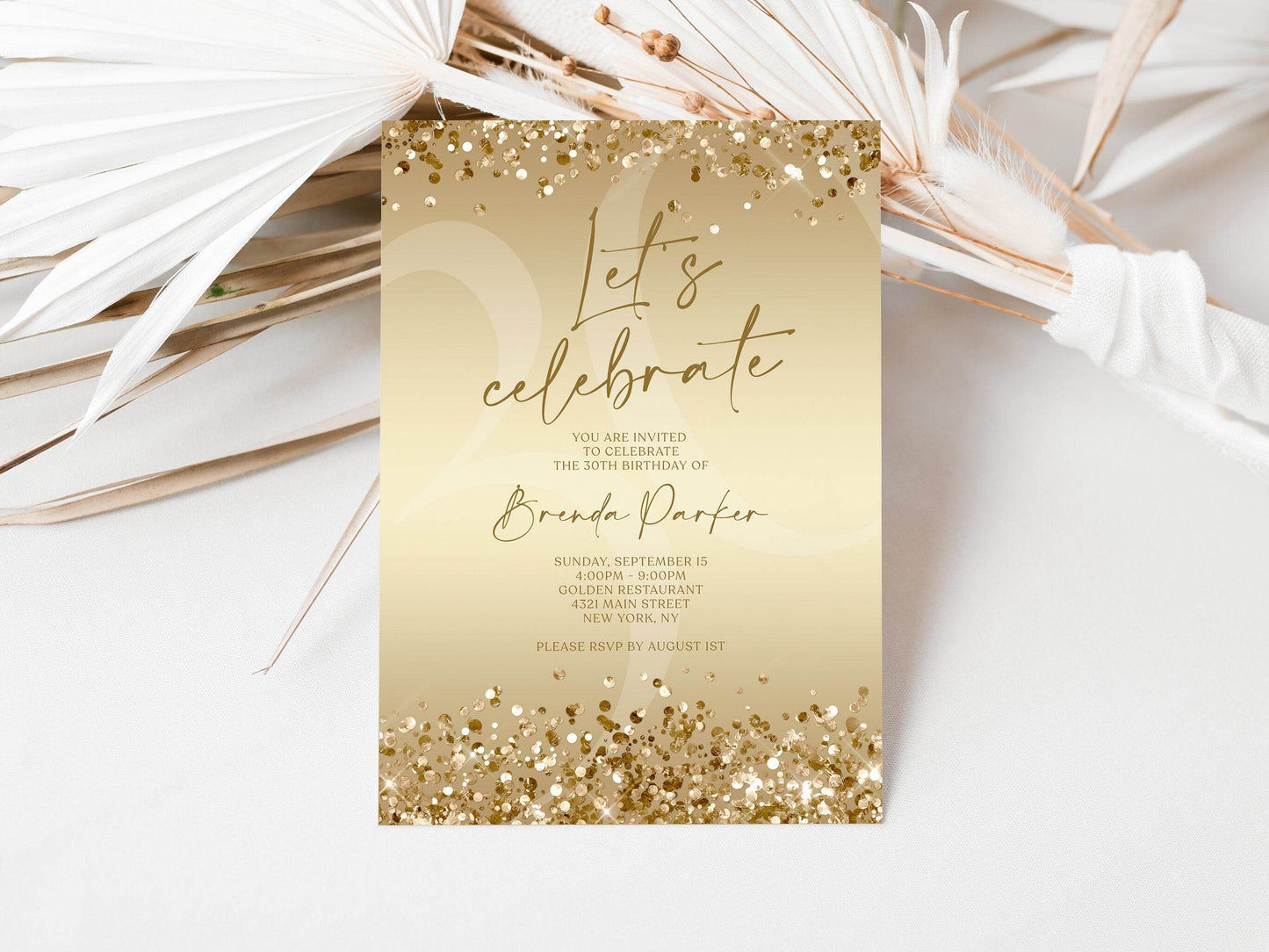 Let’s Celebrate Gold Birthday Invitation Template, Printable Confetti Invite, Editable Any Age Text Message Birthday Evite, Instant Download