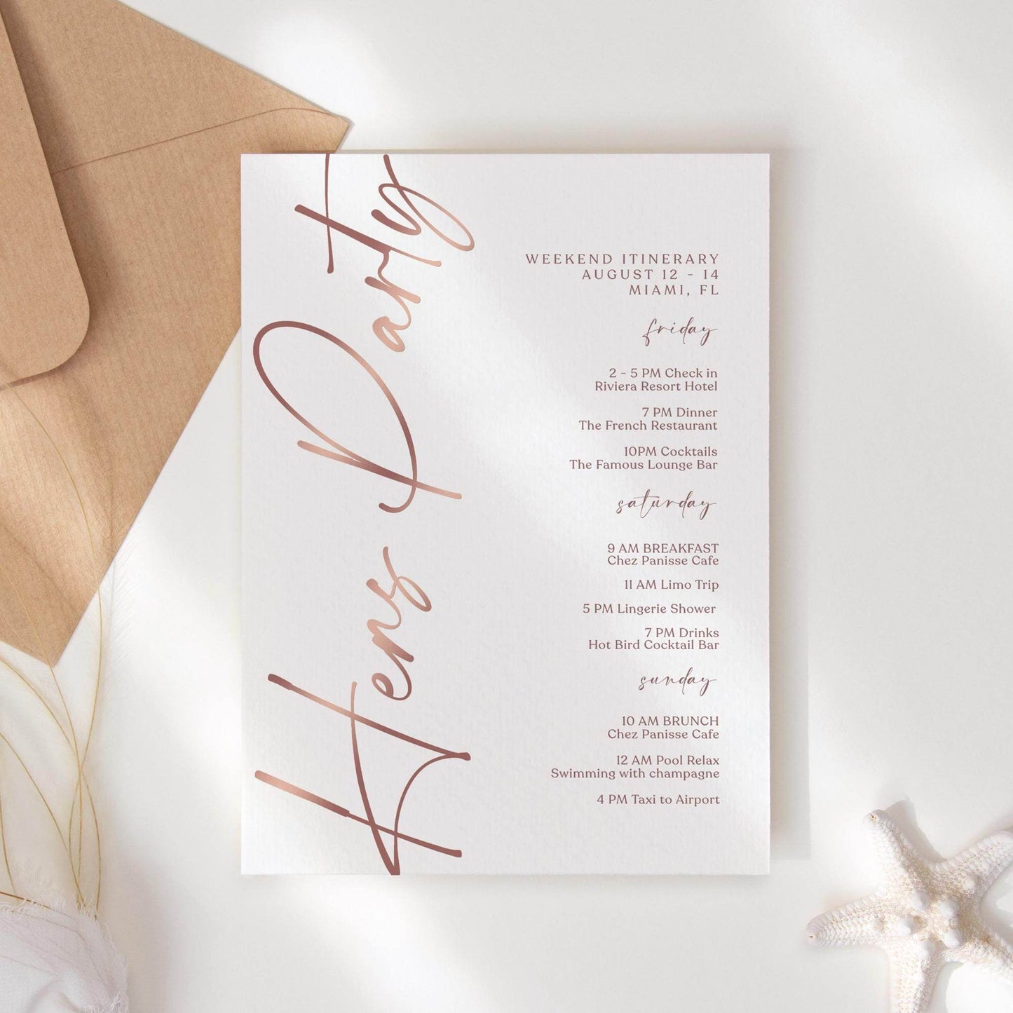 Editable Rose Gold Hens Party Weekend Itinerary Template – Printable Bachelorette Weekend Details Card | Digital Itinerary | Instant Download