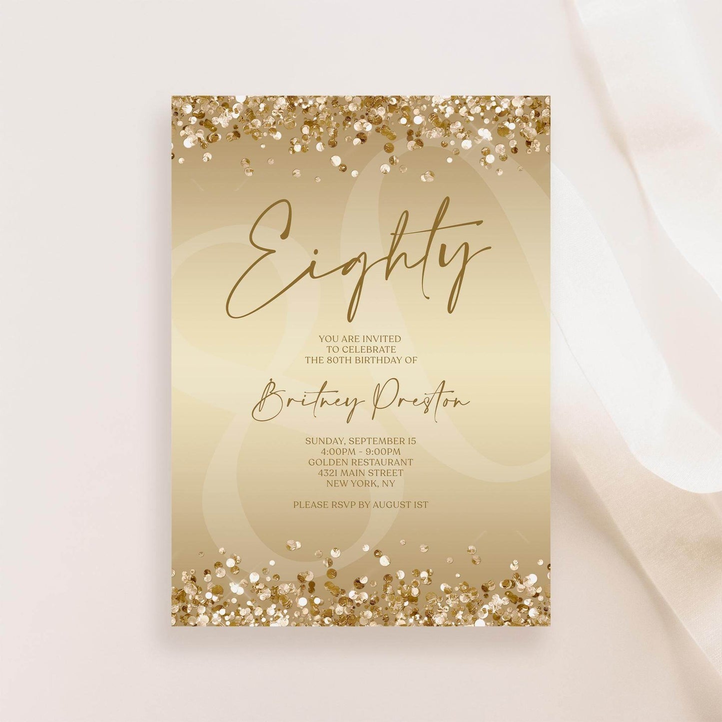 Gold 80th Birthday Invitation Template, Editable Gold Confetti Printable Invite, Surprise Party Card, Digital Text Message Evite