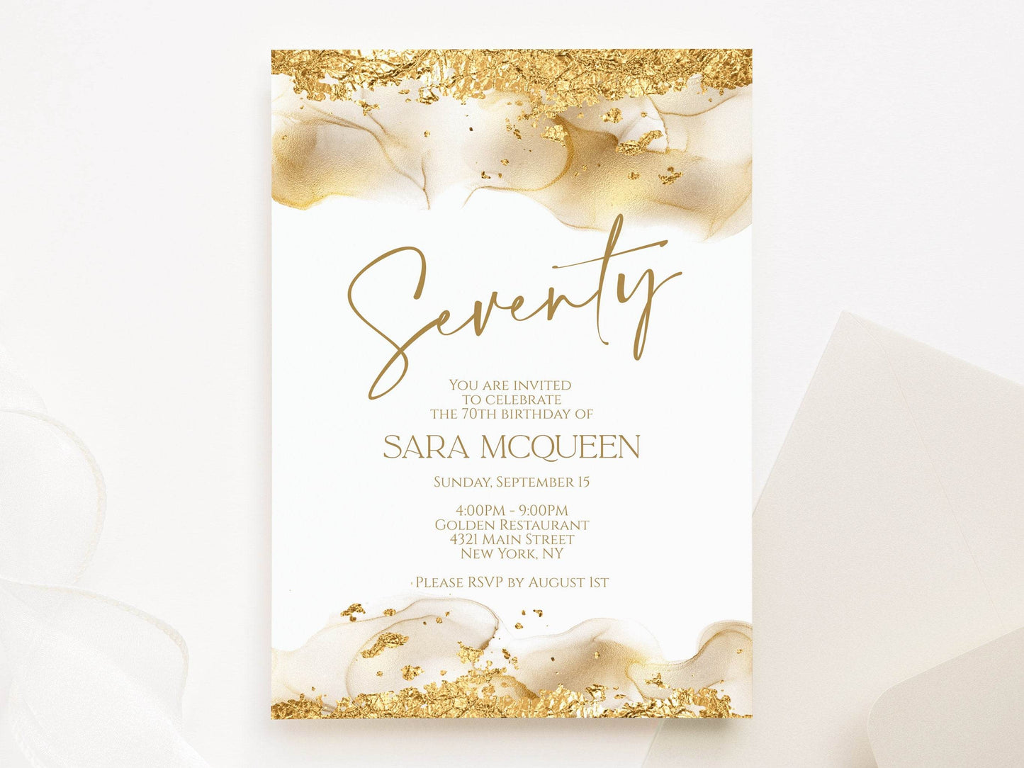Editable 70th Birthday Invitation Template, Gold Foil Blush Glitter Invite, Digital Seventy Birthday Evite, Instant Download