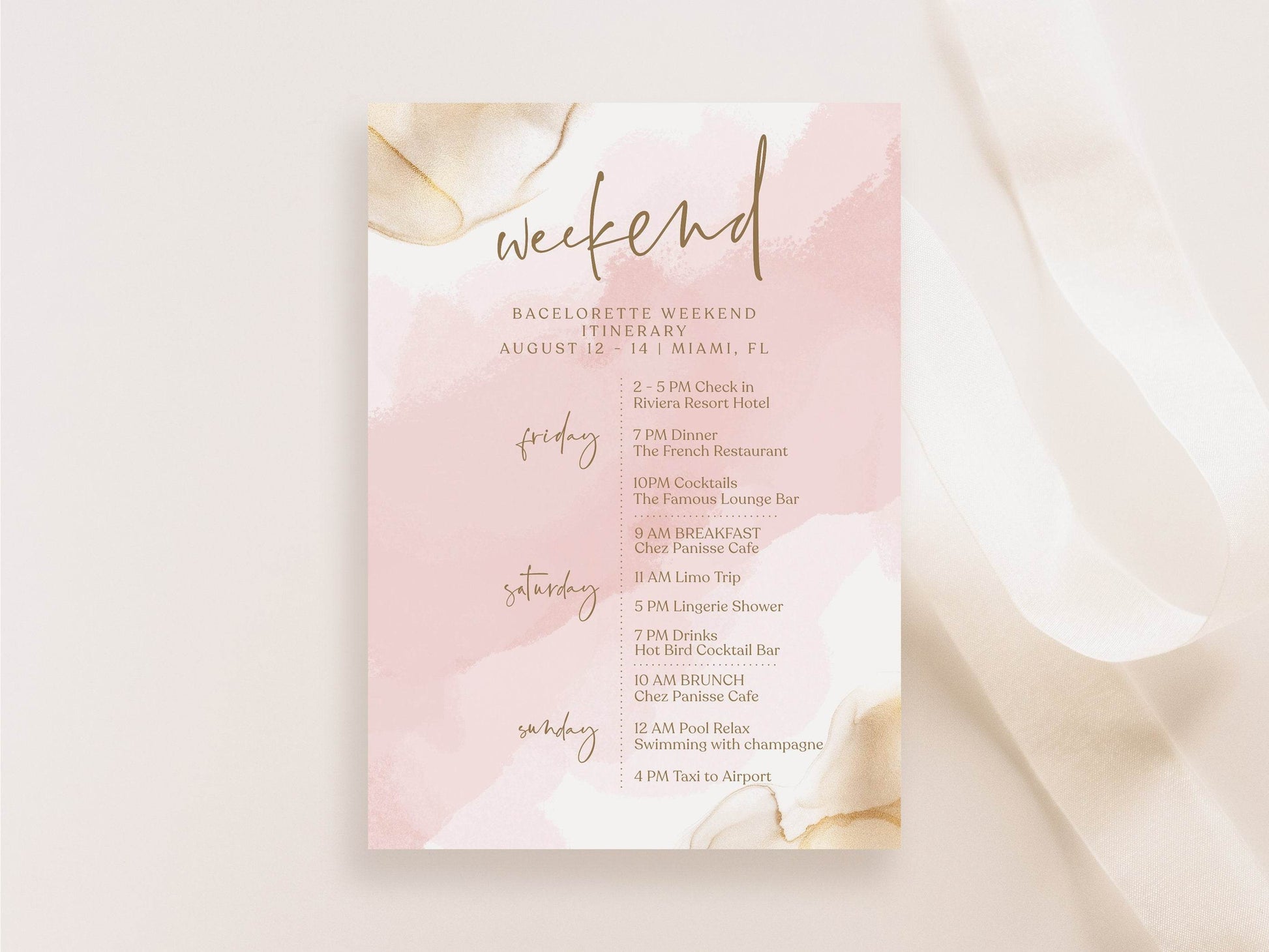Printable Pink Gold Weekend Itinerary Template, Editable Hens Party Bachelorette Schedule, Minimalist Birthday Weekend Itinerary, Instant Download