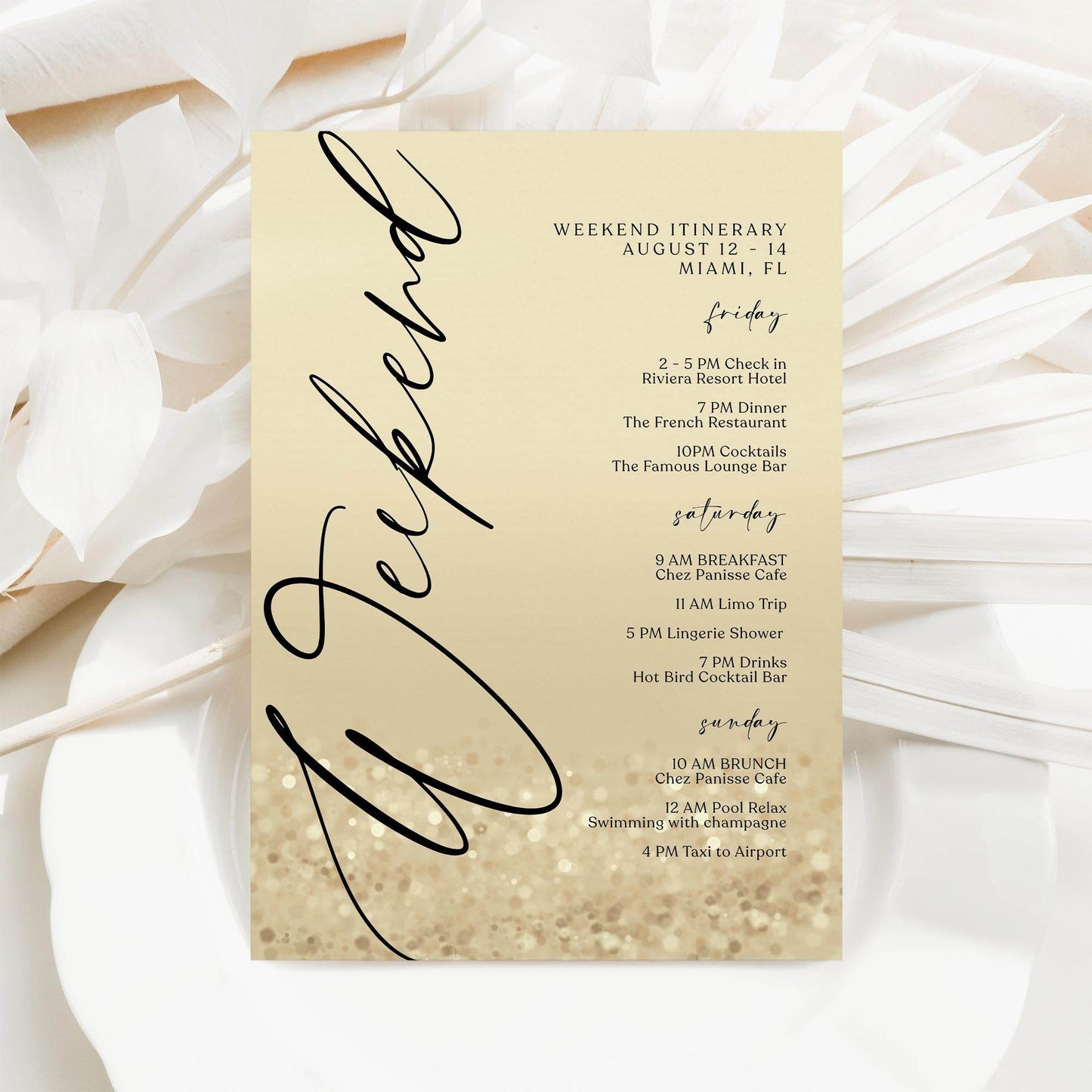 Weekend Itinerary Template – Editable Gold Birthday or Bachelorette Weekend Schedule | Printable Hen Party Itinerary | Text Message Digital Download