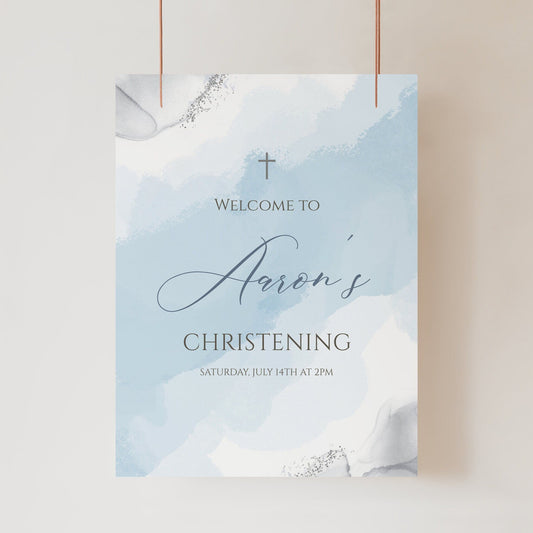 Blue Silver Boy Christening Welcome Sign Template, Printable Christening Welcome Poster, Editable Baptism Welcome Board, Christening Decor