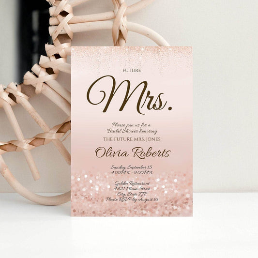 Printable Bridal Shower Invitation | Editable Future Mrs. Rose Gold Glitter Invite | Digital Text or Print Template | Instant Download