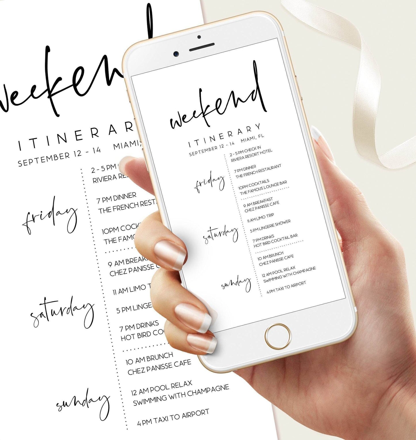Electronic Itinerary Template, Editable Hens Weekend Itinerary, Bachelorette or Birthday Weekend Schedule, Minimalist Digital Itinerary