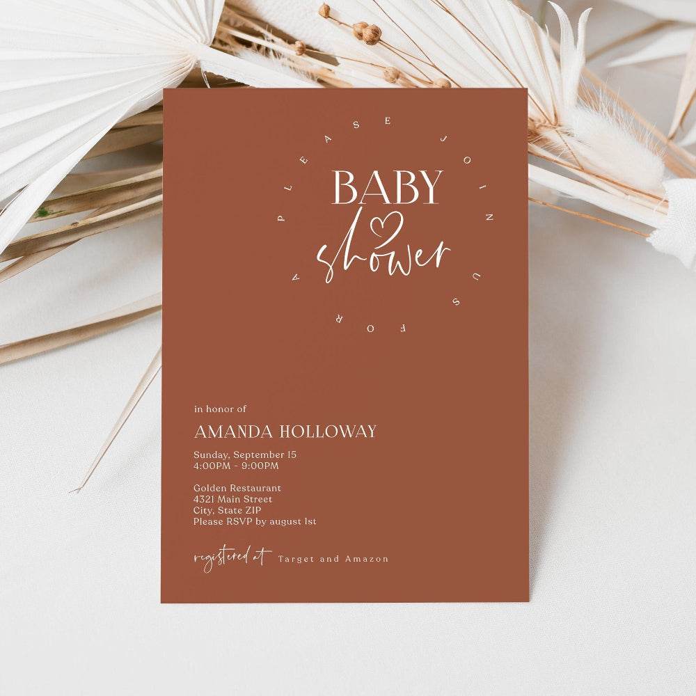 Minimalist Baby Shower Invitation Template – Terracotta Editable Invite | Printable Baby Shower Card | Email Text Message Digital Download