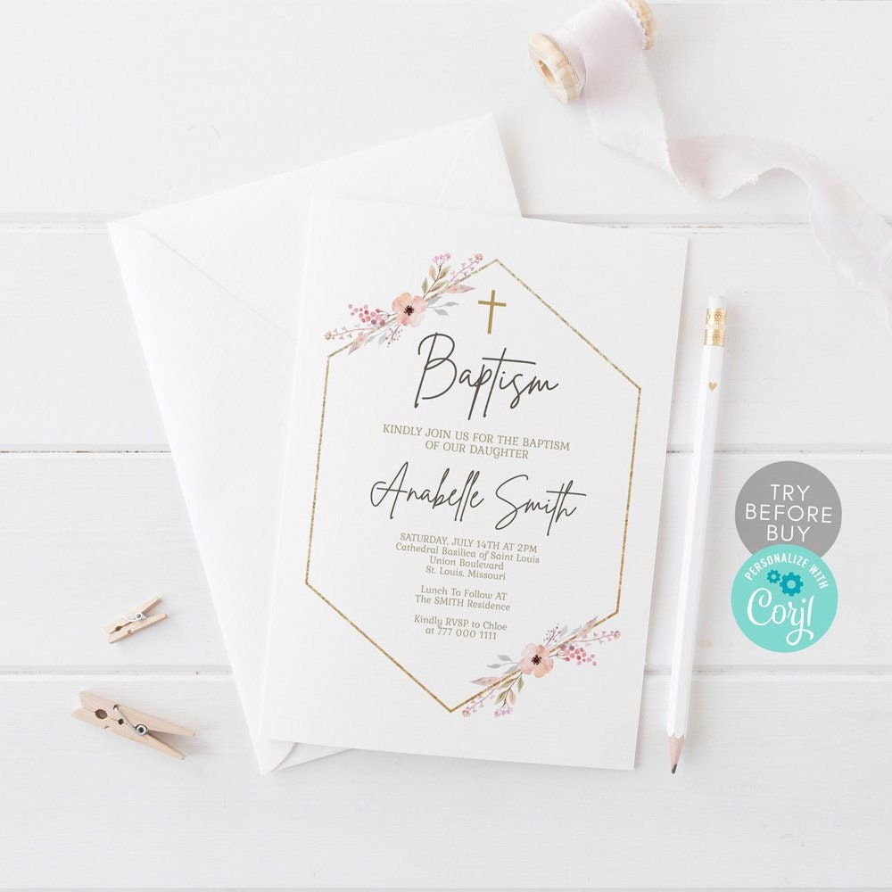 Geometric Baptism Invitation Template, Floral Girl Christening Digital Invite, Instant Download, Printable Minimalistic Baptism Invitation