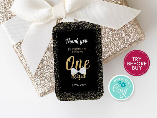 Onederful Favor Tags – Editable Black & Gold First Birthday Thank You Tag | Bow Tie Boy Birthday Confetti Favor Tag | Printable Party Template