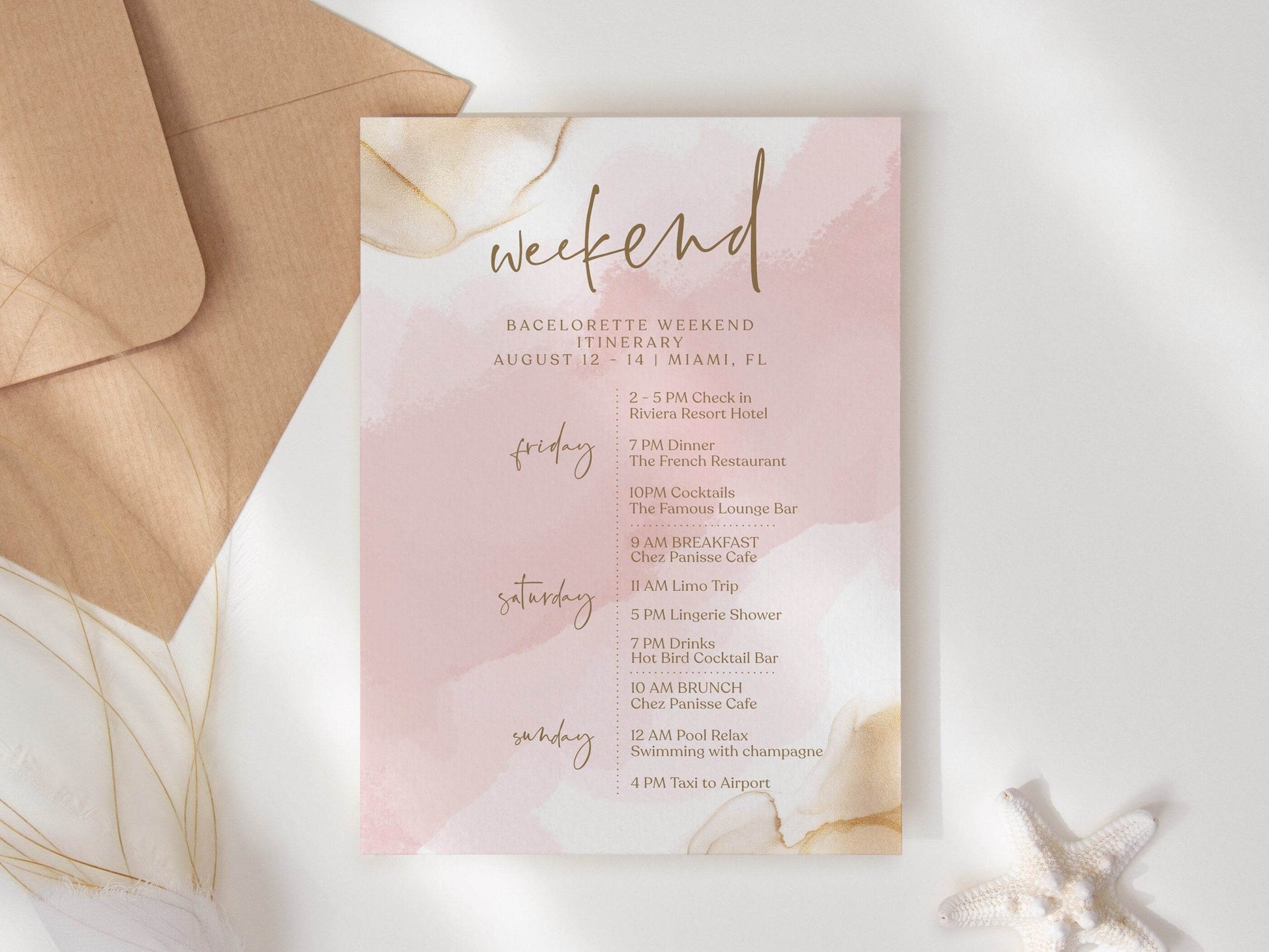 Printable Pink Gold Weekend Itinerary Template, Editable Hens Party Bachelorette Schedule, Minimalist Birthday Weekend Itinerary, Instant Download