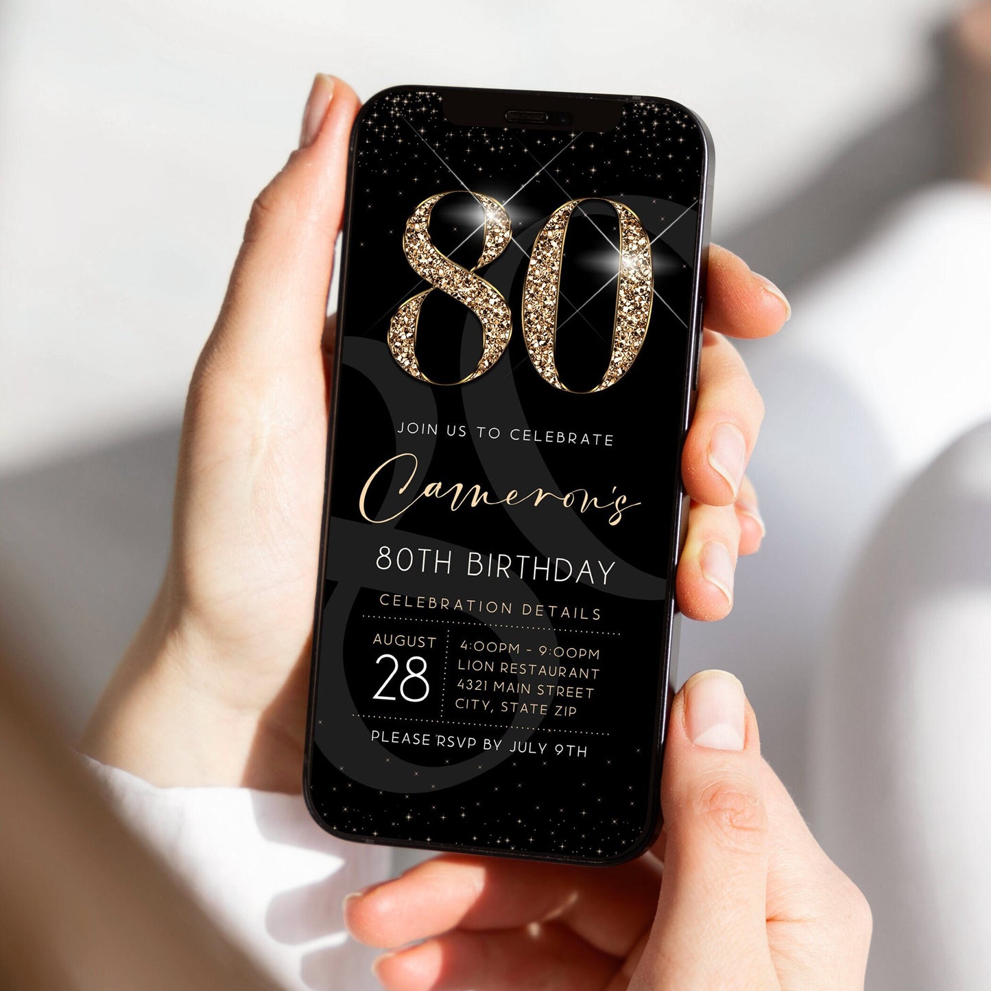Luxury Digital 80th Eighty Birthday Evite Invitation Template, Electronic Black Gold Modern Invite, Email Text Message Evite, Phone Invite