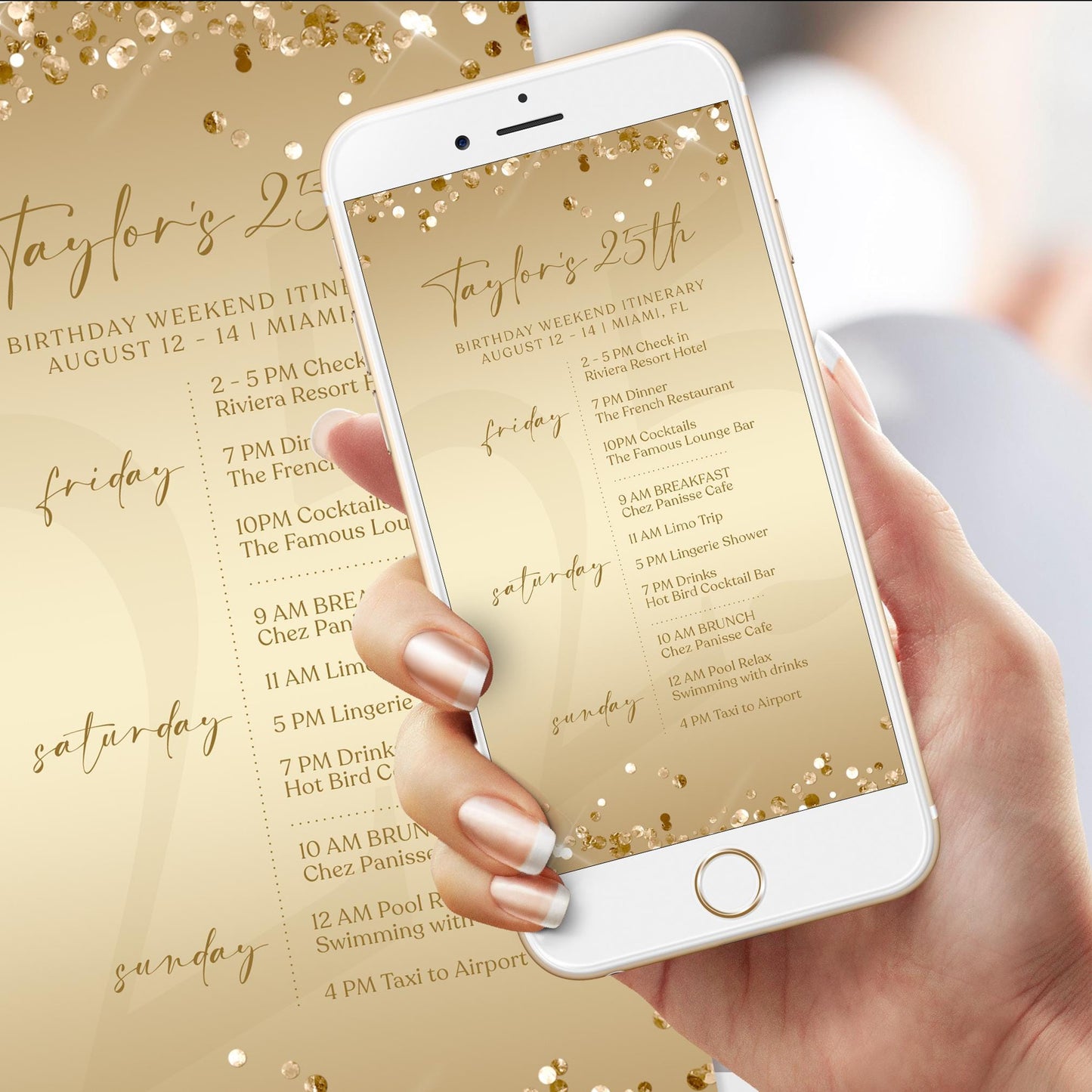 Electronic Golden Birthday Weekend Itinerary Template, Editable Birthday Itinerary, Digital Birthday Weekend Schedule, Gold Itinerary Invite