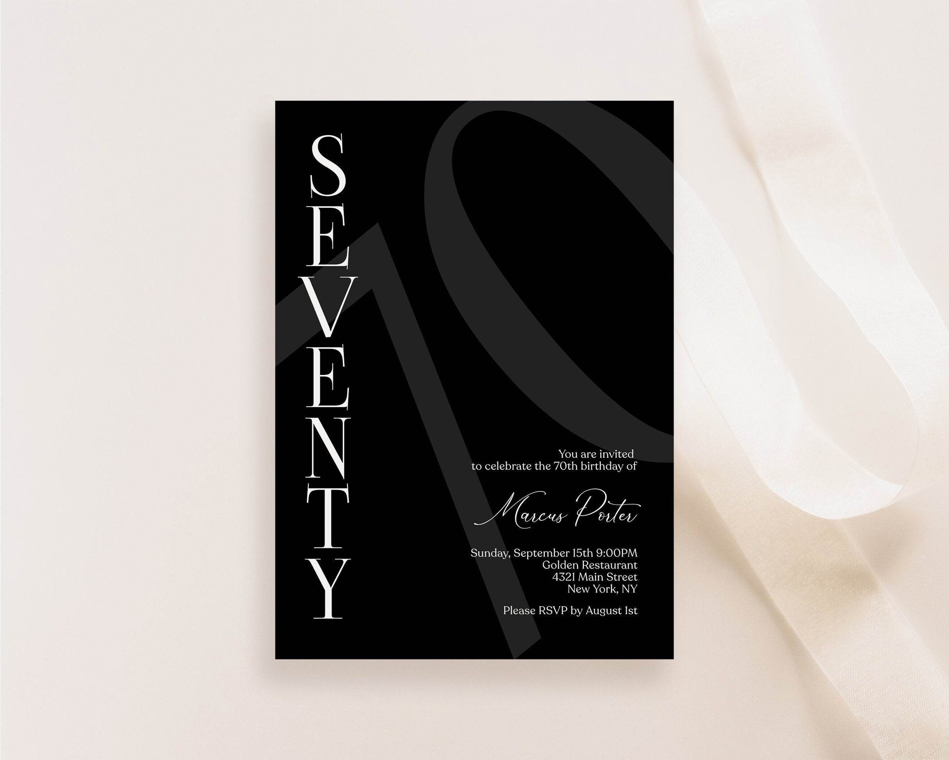 Minimalist black 70th birthday invitation template for men